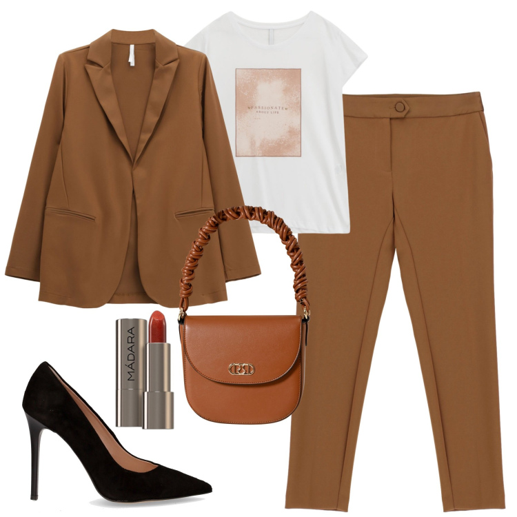 Outfit donna - In ufficio. Stile Chic per Ufficio. Abbinamento con rossetti, borse a mano, pantaloni, blazer, t-shirt, décolleté.