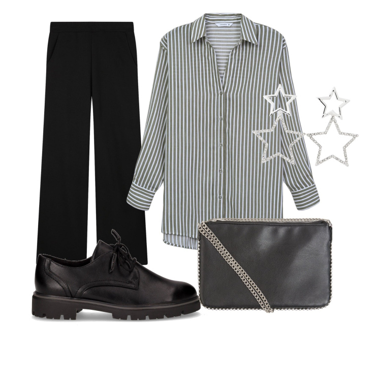 Outfit donna - Autunno con Terranova. Stile Casual per Tutti i giorni. Abbinamento con borse a tracolla, camicie, orecchini, pantaloni, scarpe stringate.
