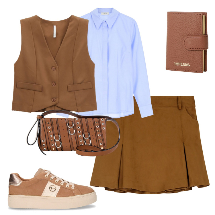 Outfit donna - City. Stile Urban per Tutti i giorni. Abbinamento con borse a spalla, minigonne, portafogli, gilet, camicie, sneakers.