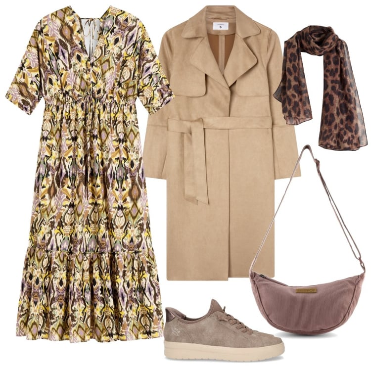 Outfit donna - Il trench fluido - curvy. Stile Boho per Tutti i giorni. Abbinamento con sciarpe, vestiti midi/longuette, trench, borse a tracolla, sneakers.