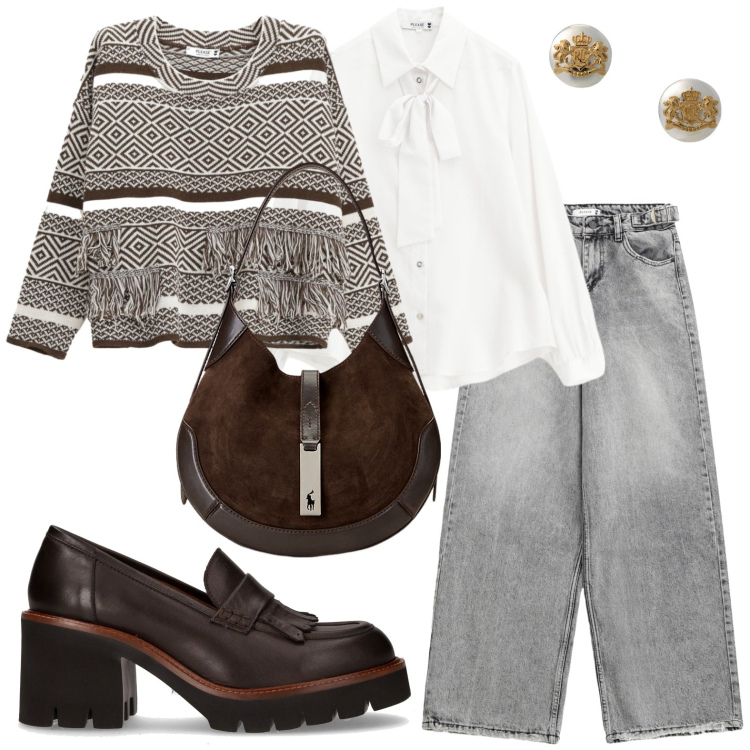 Outfit donna - Jeans grigio please. Stile Glamour per Ufficio. Abbinamento con camicie, maglieria, jeans, orecchini, borse a spalla, décolleté.