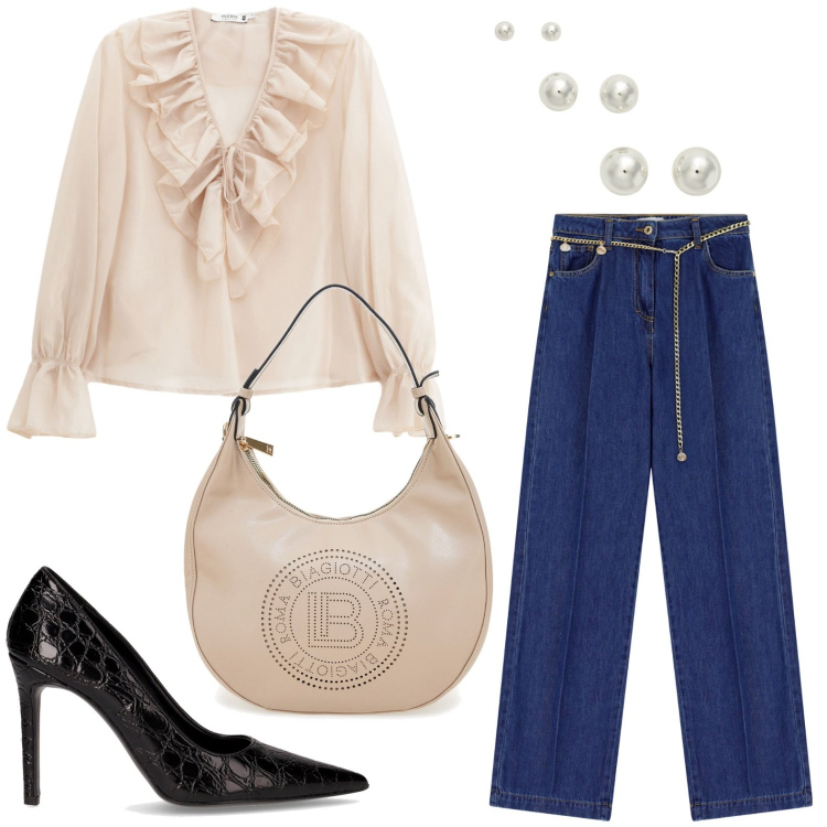 Outfit donna - Jeans e perle. Stile Chic per Ufficio. Abbinamento con jeans, camicie, orecchini, borse a spalla, décolleté.