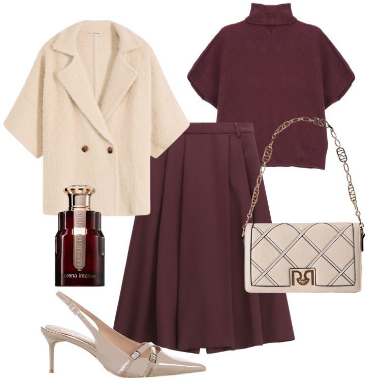 Outfit donna - Colori caldi a cena. Stile Glamour per Serata fuori. Abbinamento con cardigans, profumi, borse a tracolla, décolleté, maglieria, pantaloni.