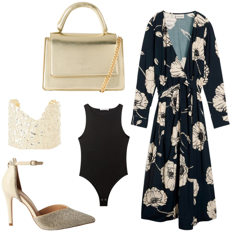 Outfit donna - Abito con tocco gold. Stile Glamour per Cerimonia. Abbinamento con vestiti lunghi, décolleté, borse a tracolla, body, braccialetti.