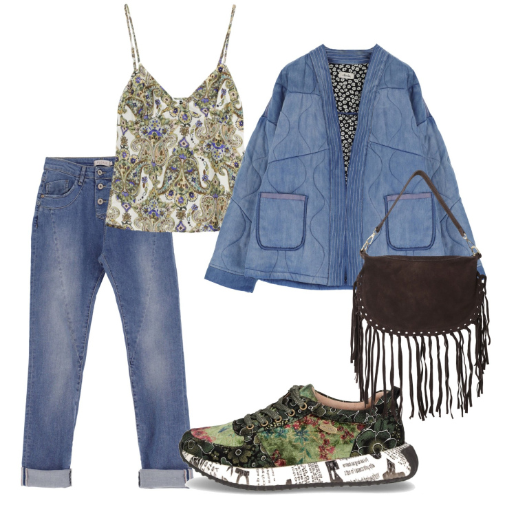 Outfit donna - Total look #2249014. Stile Casual per Tutti i giorni. Abbinamento con jeans slim fit, top, blazer, borse a tracolla, sneakers.