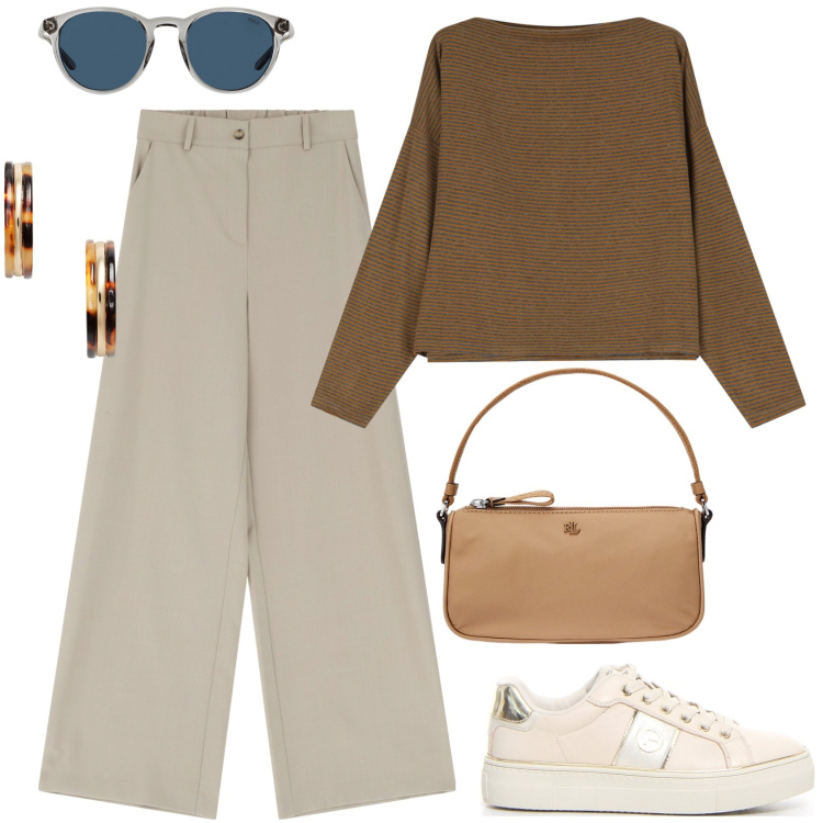 Outfit donna - Behind the bold. Stile Casual chic per Tutti i giorni. Abbinamento con pantaloni a palazzo, maglieria, occhiali da sole, orecchini, pochette, sneakers.