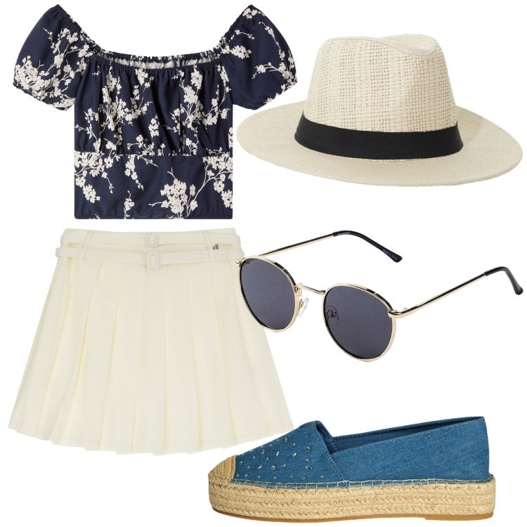 Outfit donna - Passeggiata pomeridiana. Stile Casual per Tutti i giorni. Abbinamento con occhiali da sole, espadrillas, bluse, cappelli, minigonne.