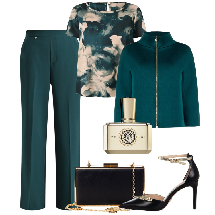 Outfit donna - Cena gourmet ottanio. Stile Chic per Serata fuori. Abbinamento con profumi, décolleté, pochette, pantaloni, cappe, bluse.