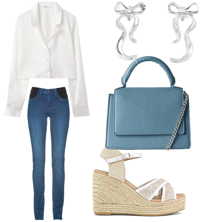 Outfit donna - Jeans e camicia bianca: un classico. Stile Casual per Tutti i giorni. Abbinamento con jeans, orecchini, camicie, borse a tracolla, zeppe.