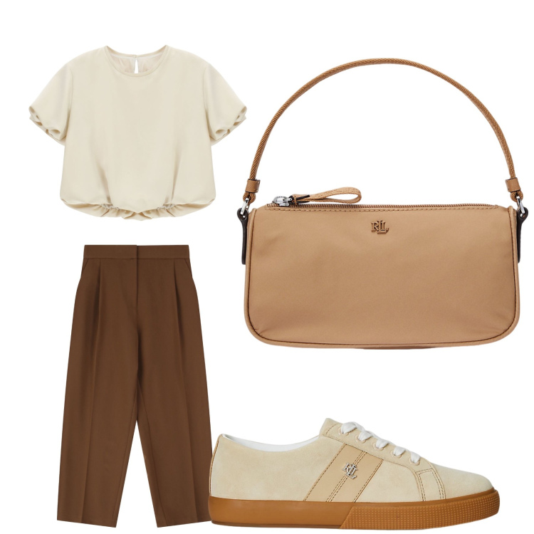 Outfit donna - Aperitivo. Stile Trendy per Tutti i giorni. Abbinamento con camicie a manica corta, pantaloni, sneakers, pochette.