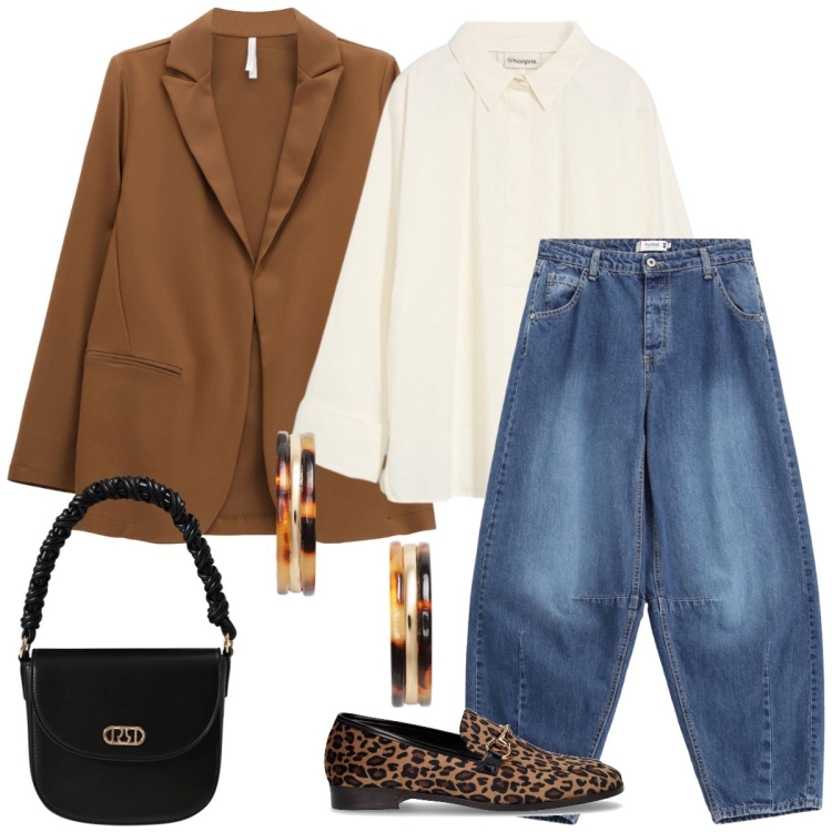 Outfit donna - Total look #2249044. Stile Casual chic per Tutti i giorni. Abbinamento con bluse, borse a mano, blazer, jeans, orecchini, mocassini.
