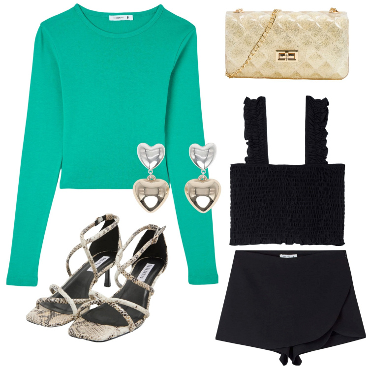 Outfit donna - Total look a 30 Euro!. Stile Casual per Tutti i giorni. Abbinamento con sandali col tacco, gonne, t-shirt, top, borse a tracolla, orecchini.