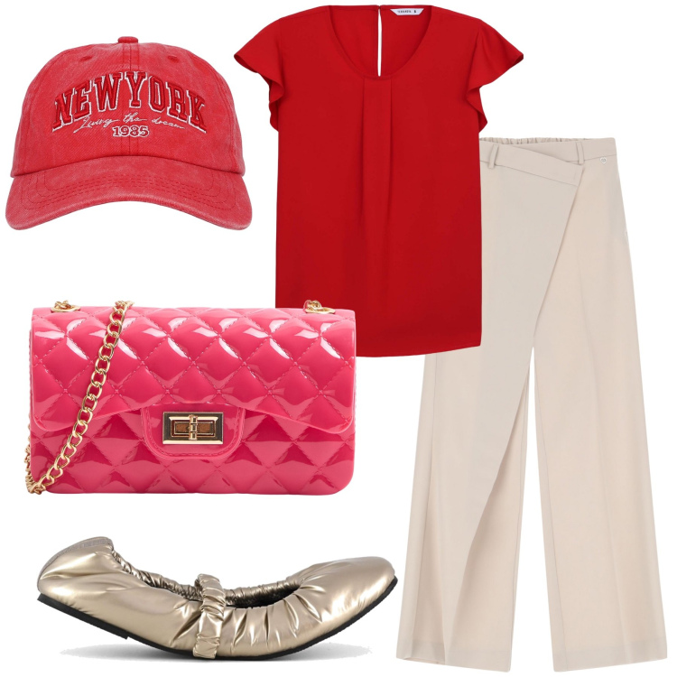 Outfit donna - Graziosa a settembre. Stile Trendy per Tutti i giorni. Abbinamento con bluse, borse a tracolla, cappelli, pantaloni, ballerine.
