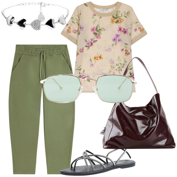 Outfit donna - Total look. Stile Sporty chic per Tutti i giorni. Abbinamento con shopping bag, sandali alla schiava, t-shirt, occhiali da sole, pantaloni, braccialetti.