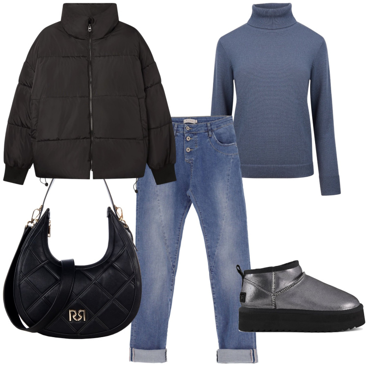 Outfit donna - Weekend in montagna. Stile Casual chic per Tutti i giorni. Abbinamento con bomber, borse a tracolla, jeans slim fit, stivaletti, maglieria.