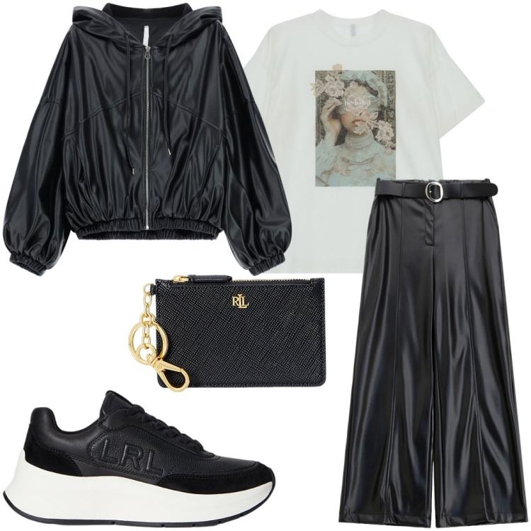 Outfit donna - Imperial FW25. Stile Sporty chic per Serata fuori. Abbinamento con pantaloni, t-shirt, bomber, portafogli, sneakers.