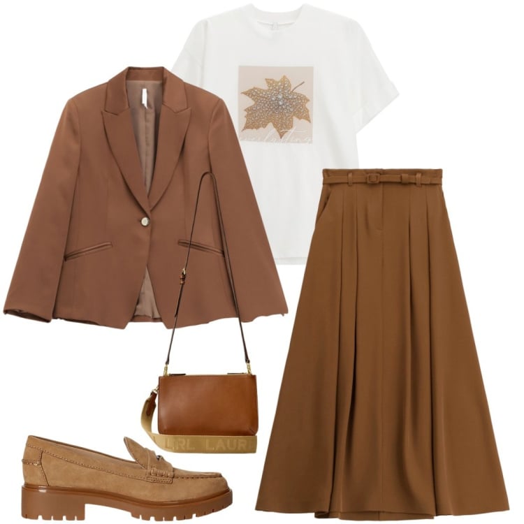 Outfit donna - Imperial FW25. Stile Bon Ton per Ufficio. Abbinamento con gonne lunghe, blazer, t-shirt, borse a tracolla, mocassini.