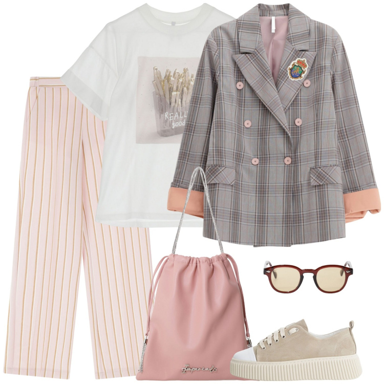Outfit donna - Mix & match. Stile Casual per Scuola/Università. Abbinamento con occhiali da sole, blazer, sneakers, borse a secchiello, pantaloni a palazzo, t-shirt.
