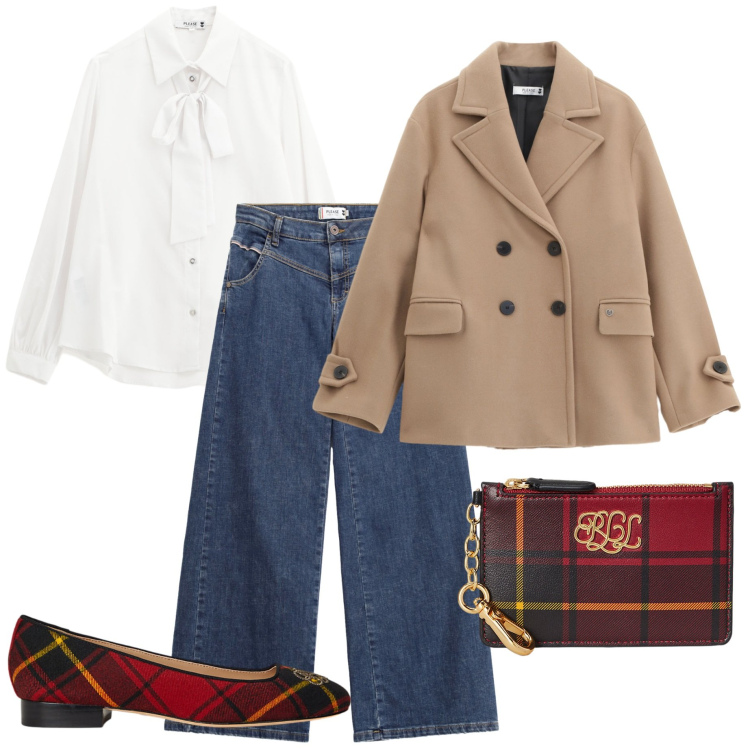 Outfit donna - Plaese FW25. Stile Casual chic per Ufficio. Abbinamento con camicie, jeans, cappotti, ballerine, portafogli.