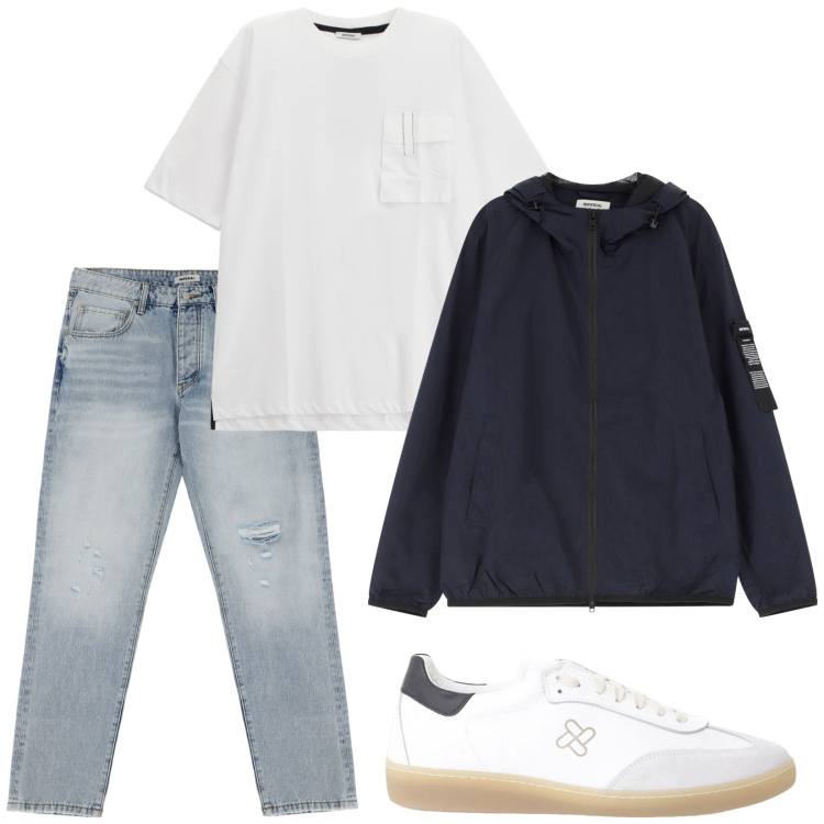 Outfit uomo - Total look #2249122. Stile Urban per Tutti i giorni. Abbinamento con jeans strappati, giacche, sneakers, t-shirt.