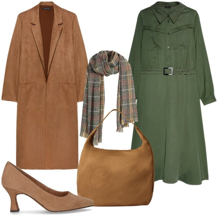 Outfit donna - Il trench fluido - Focus Donna Curvy. Stile Casual chic per Ufficio. Abbinamento con sciarpe, borse a mano, vestiti lunghi, trench, décolleté.