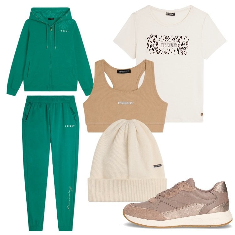 Outfit donna - Sportiva con Freddy. Stile Casual per Sport. Abbinamento con tute, top sportivi, t-shirt, cappelli, sneakers.