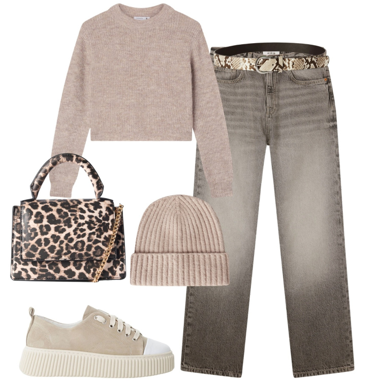 Outfit donna - Fall. Stile Casual chic per Tutti i giorni. Abbinamento con borse a tracolla, cinture, jeans dritti, maglieria, berretti, sneakers.