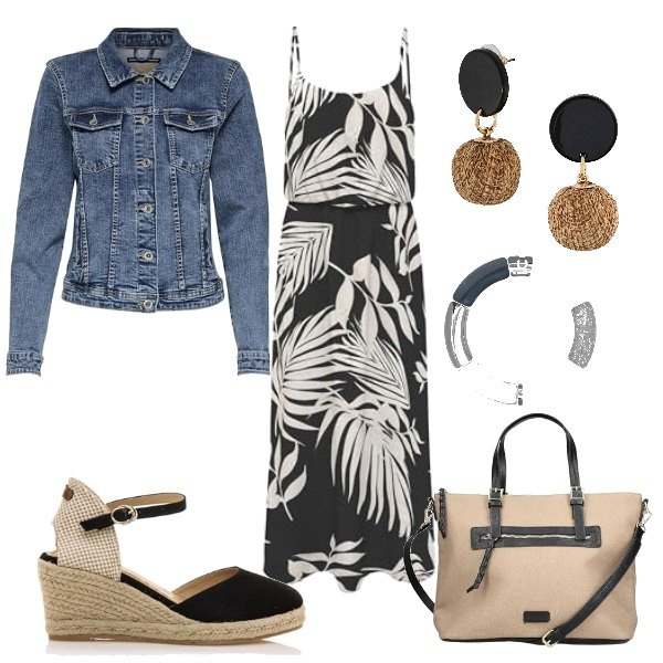 Outfit femme - Un soir d\'été. Style Basique pour Tous les jours. Assortir avec boucles d'oreilles, blazers, robes longues, bracelets, chaussures à semelle compensée, sac cabas.
