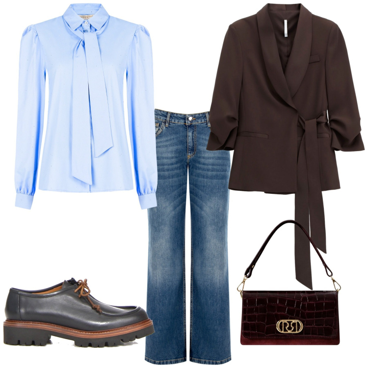 Outfit donna - Total look #2249152. Stile Glamour per Ufficio. Abbinamento con jeans, camicie, borse a mano, blazer, mocassini.