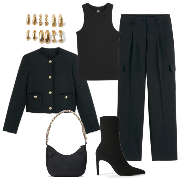 Outfit mujer - Chic #10540. Estilo Chic para Oficina. Combinación con blazers, pendientes, bolsos de mano, camisetas sin mangas, botines, pantalones cargo.