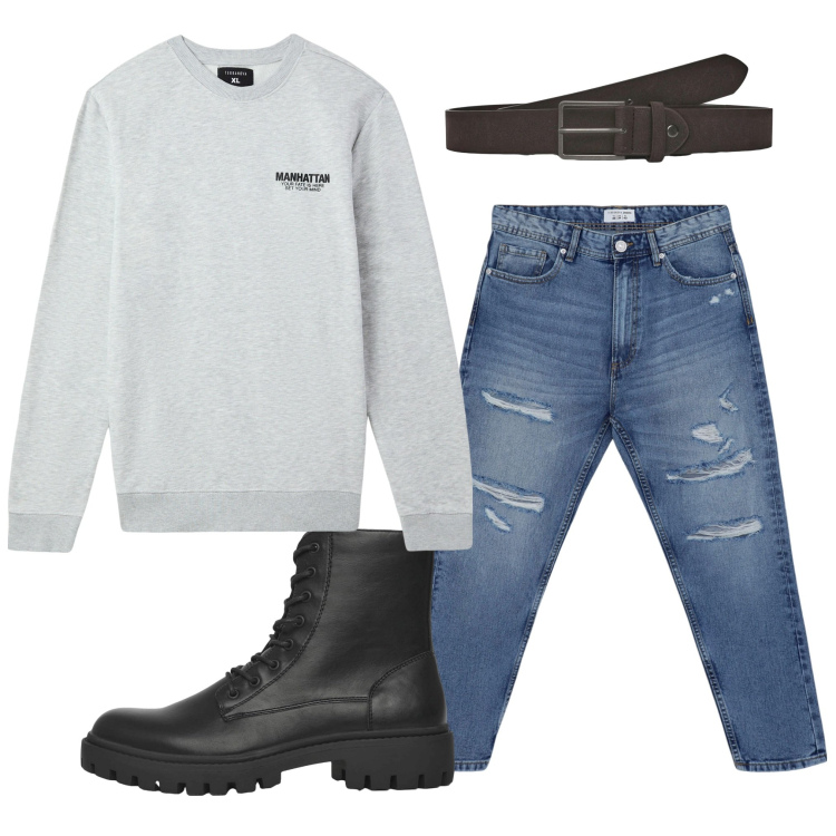 Outfit uomo - Total Terranova. Stile Urban per Tutti i giorni. Abbinamento con felpe, anfibi, cinture, jeans strappati.