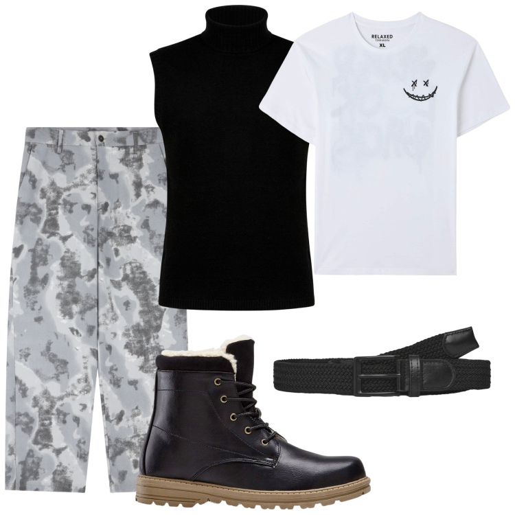 Outfit uomo - Il gilet a collo alto. Stile Trendy per Tutti i giorni. Abbinamento con stivali e stivaletti, t-shirt, cinture, pantaloni, gilet.