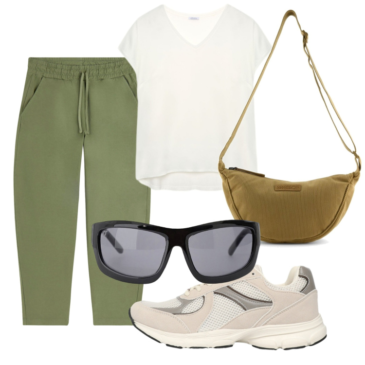 Outfit donna - Sportiva con i pantaloni Freddy. Stile Sporty chic per Sport. Abbinamento con sneakers, occhiali da sole, pantaloni, borse a tracolla, bluse.
