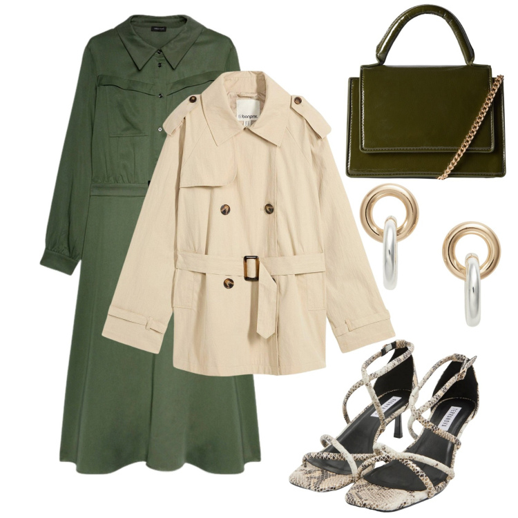 Outfit donna - Il trench fluido. Stile Casual chic per Tutti i giorni. Abbinamento con trench, sandali col tacco, borse a tracolla, orecchini, vestiti lunghi.