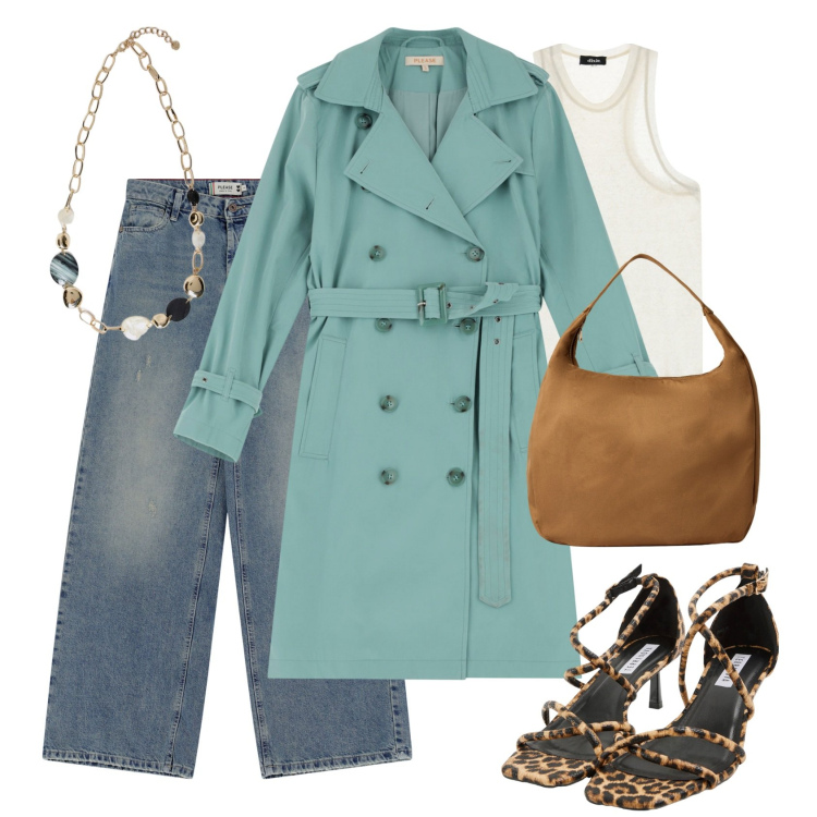 Outfit donna - Il trench fluido. Stile Urban per Tutti i giorni. Abbinamento con sandali col tacco, borse a mano, trench, jeans, top, collane.
