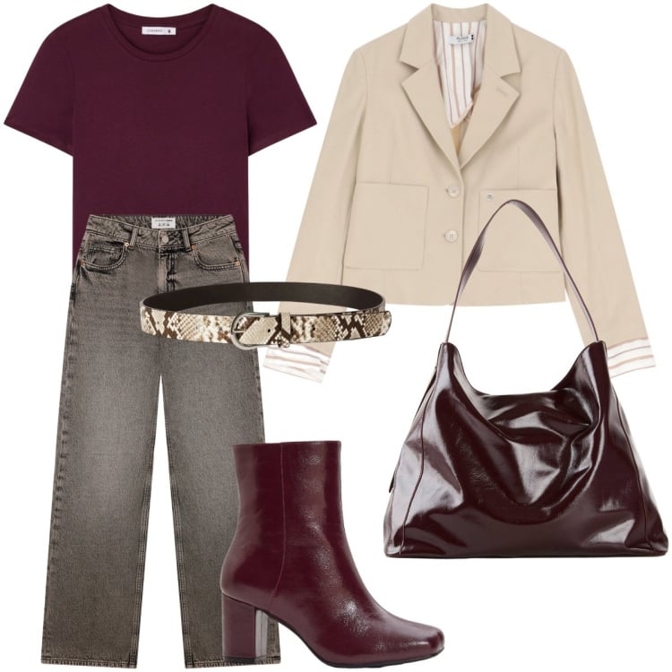 Outfit donna - Grintose con stile. Stile Preppy per Serata fuori. Abbinamento con stivaletti, shopping bag, cinture, jeans, t-shirt, blazer.