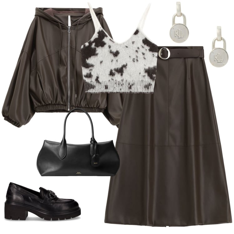 Outfit donna - A tutta pelle!. Stile Glamour per Tutti i giorni. Abbinamento con bomber, gonne lunghe, top, orecchini, borse a mano, décolleté.