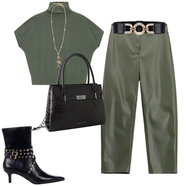 Outfit donna - City. Stile Minimal per Tutti i giorni. Abbinamento con borse a mano, stivaletti, cinture, pantaloni, maglieria, ciondoli.