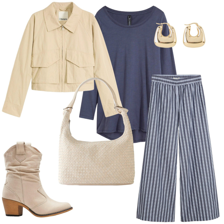Outfit donna - Total look #2249181. Stile Casual chic per Tutti i giorni. Abbinamento con maglieria, pantaloni a palazzo, stivaletti texani, orecchini, shopping bag, trench.
