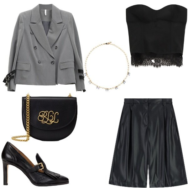 Outfit donna - Easy chic. Stile Trendy per Serata fuori. Abbinamento con top, blazer, shorts, décolleté, collane, borse a tracolla.