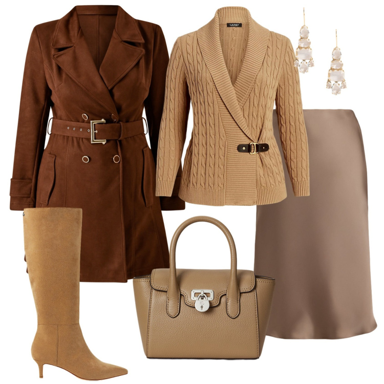 Outfit donna - Total look #2249184. Stile Chic per Serata fuori. Abbinamento con trench, maglieria, gonne, stivali, orecchini, borse a mano.