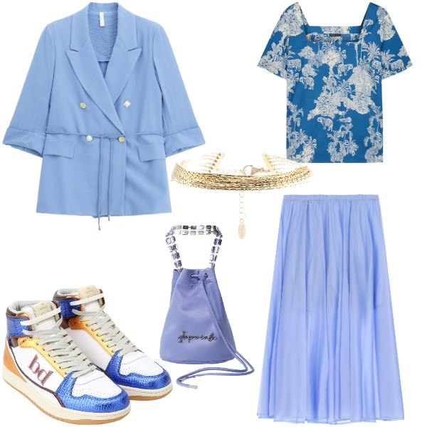 Outfit donna - Una tranquilla domenica di settembre. Stile Casual chic per Mare. Abbinamento con borse a secchiello, blazer, pantaloni, braccialetti, sneakers alte, bluse.