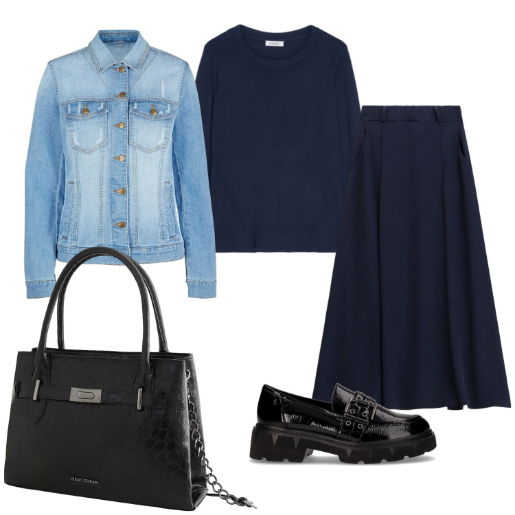 Outfit donna - Il giubbotto convinto di essere camicia. Stile Casual per Tutti i giorni. Abbinamento con blazer, borse a mano, gonne lunghe, mocassini, maglieria.