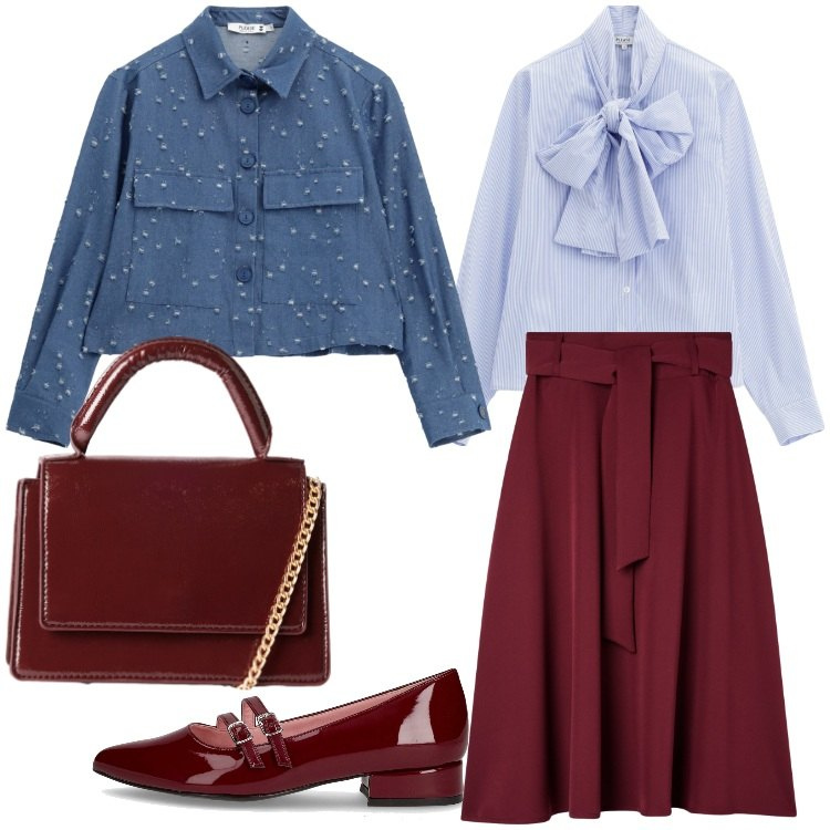 Outfit donna - Il giubbino di jeans in versione bon ton. Stile Bon Ton per Ufficio. Abbinamento con gonne lunghe, borse a tracolla, camicie, blazer, ballerine.