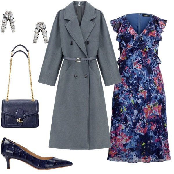 Outfit donna - Colori freddi e stampa cocco. Stile Urban per Ufficio. Abbinamento con cappotti, décolleté, borse a spalla, orecchini, vestiti.