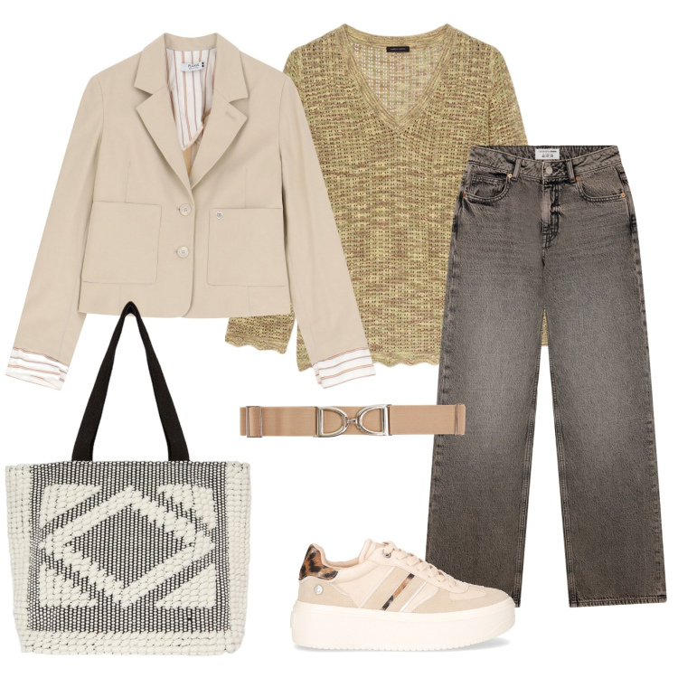Outfit donna - Total look #2249214. Stile Casual per Tutti i giorni. Abbinamento con cinture, jeans, blazer, maglieria, sneakers, shopping bag.
