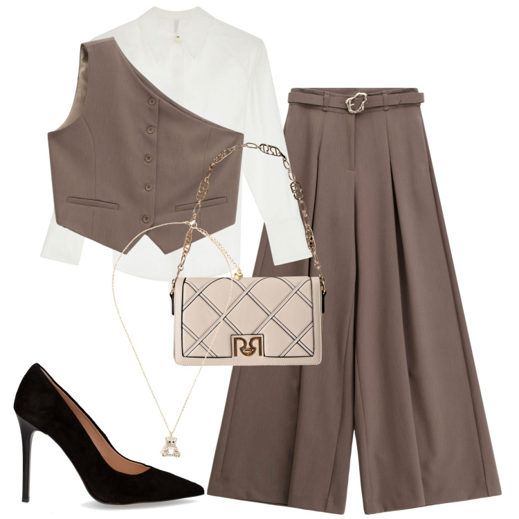 Outfit donna - Serata. Stile Chic per Serata fuori. Abbinamento con borse a tracolla, pantaloni, camicie, gilet, ciondoli, décolleté.