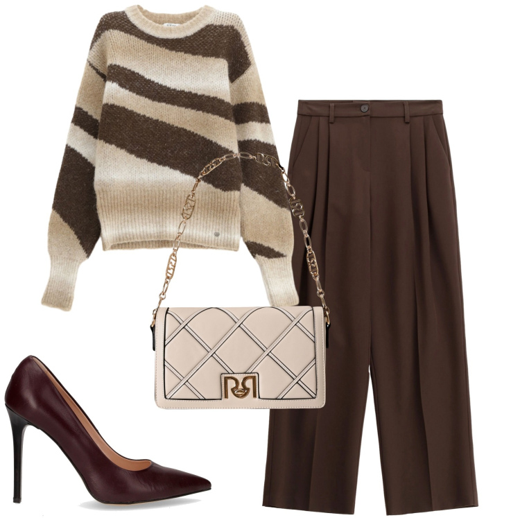 Outfit donna - City. Stile Urban per Tutti i giorni. Abbinamento con borse a tracolla, pullovers, pantaloni a palazzo, décolleté.