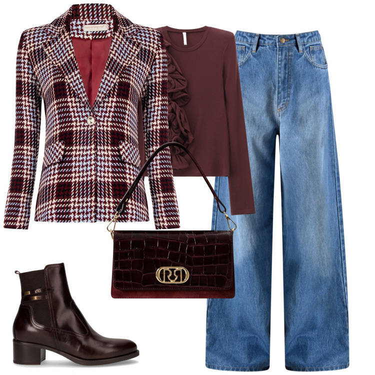 Outfit donna - City. Stile Casual chic per Tutti i giorni. Abbinamento con blazer, jeans, borse a mano, t-shirt, stivaletti.