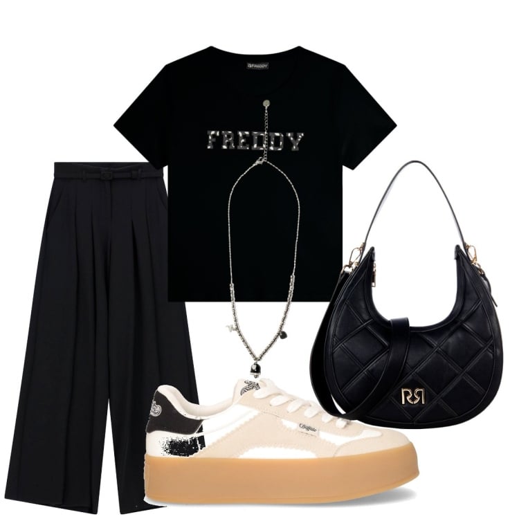 Outfit donna - Comoda. Stile Sporty chic per Tutti i giorni. Abbinamento con borse a tracolla, pantaloni a palazzo, ciondoli, t-shirt, sneakers.